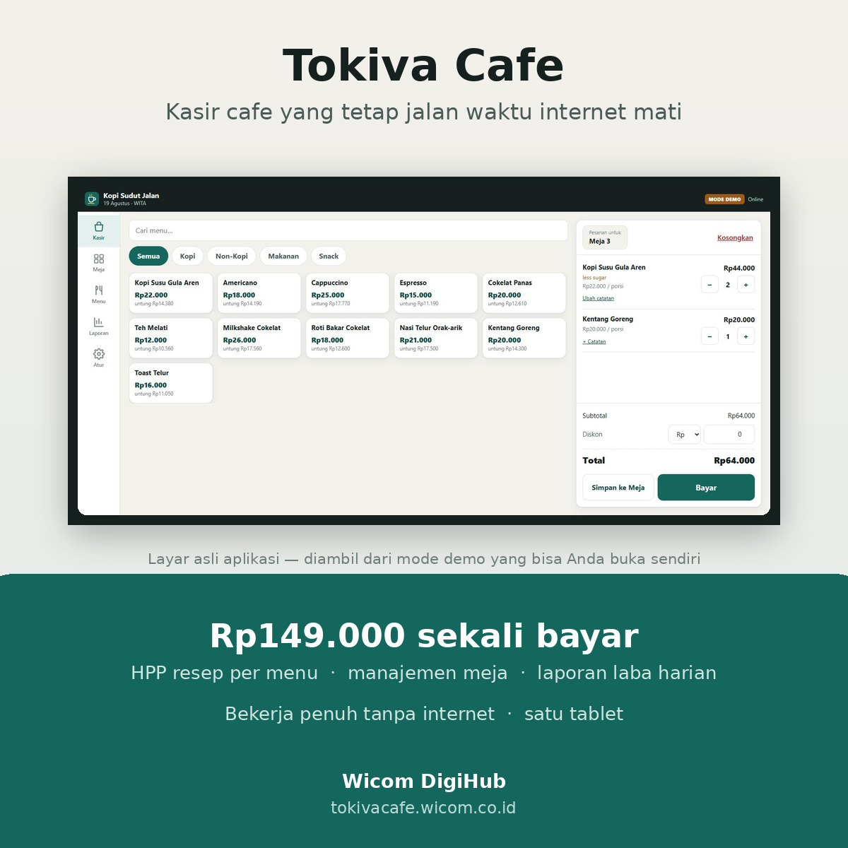 Tokiva Cafe β Aplikasi Kasir Cafe Offline (Sekali Bayar)