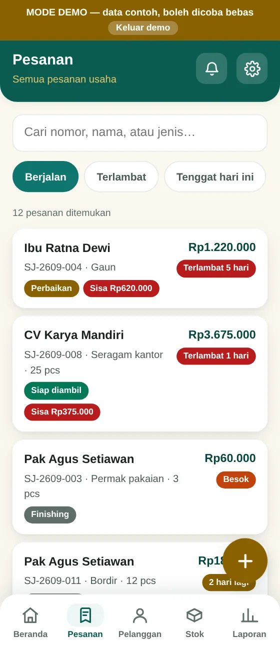 Layar Pesanan SakuJahit: daftar pesanan dengan status, tenggat, dan sisa tagihan