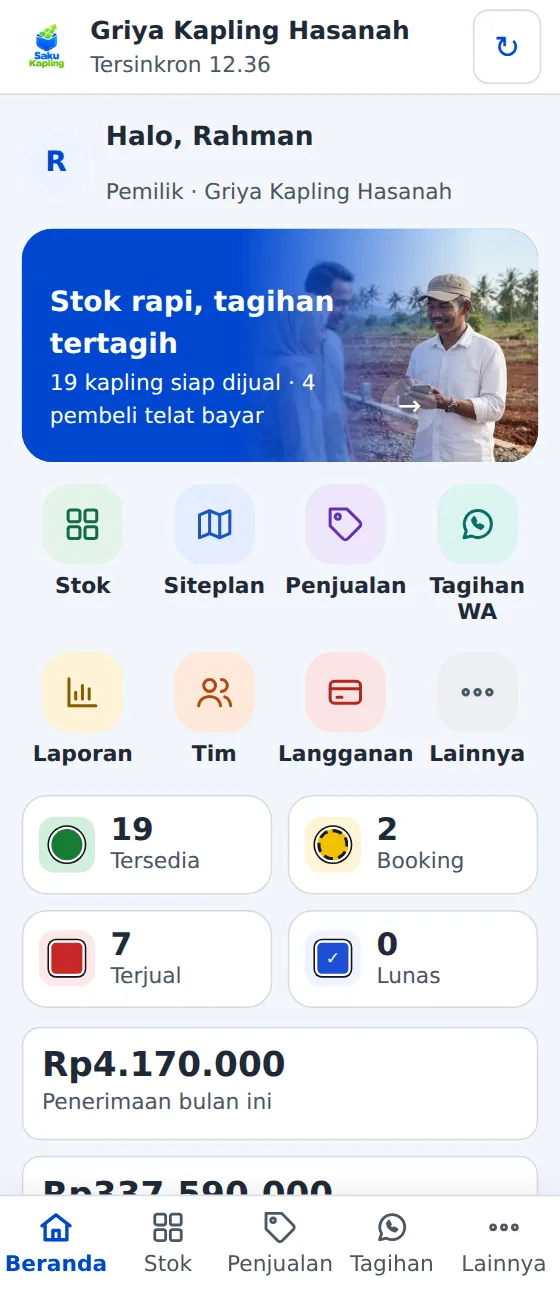 Layar Beranda SakuKapling: sisa stok, pembeli telat bayar, dan delapan menu ikon