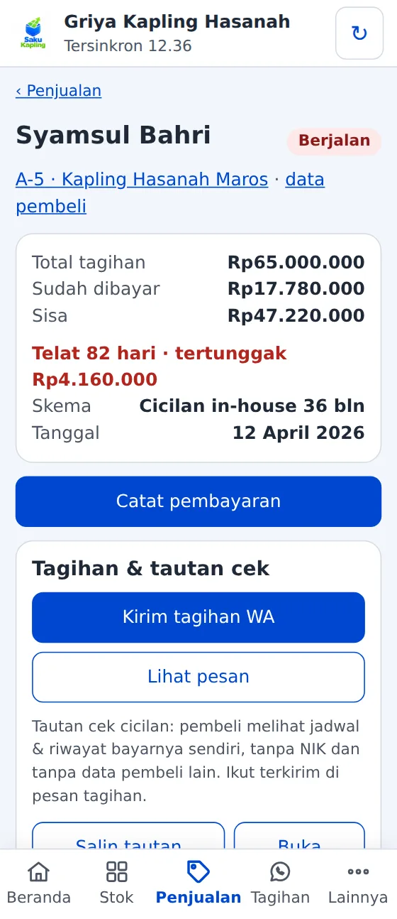 Layar cicilan SakuKapling: total tagihan, sudah dibayar, sisa, dan tunggakan