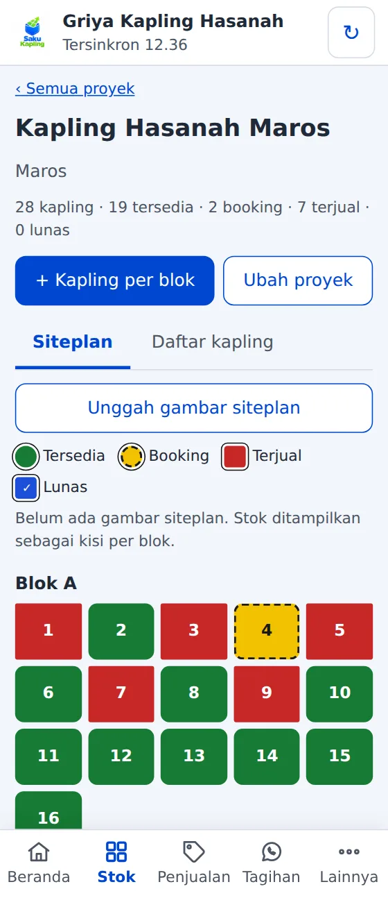 Layar Stok per blok SakuKapling: kapling tersedia, booking, terjual dengan warna dan bentuk berbeda