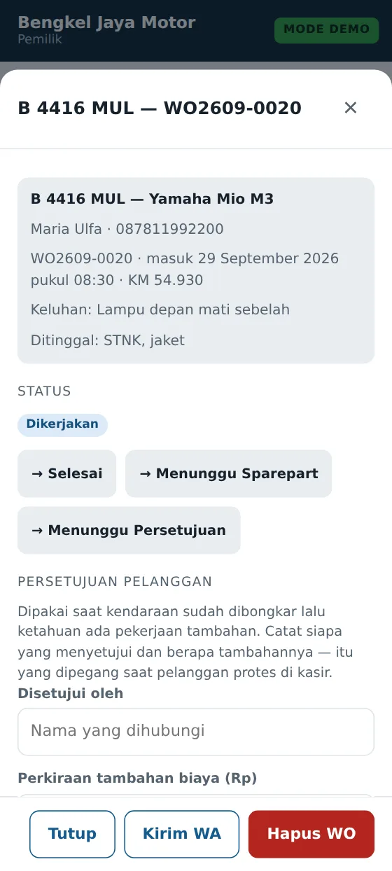 Rincian work order Tokiva Bengkel: data kendaraan, keluhan, status, dan catatan persetujuan pelanggan