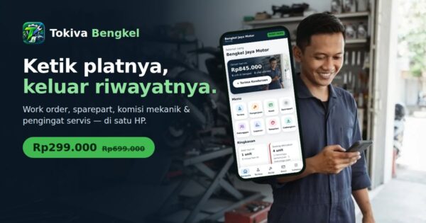 Thumbnail Tokiva Bengkel: mekanik dengan HP berisi layar Beranda aplikasi