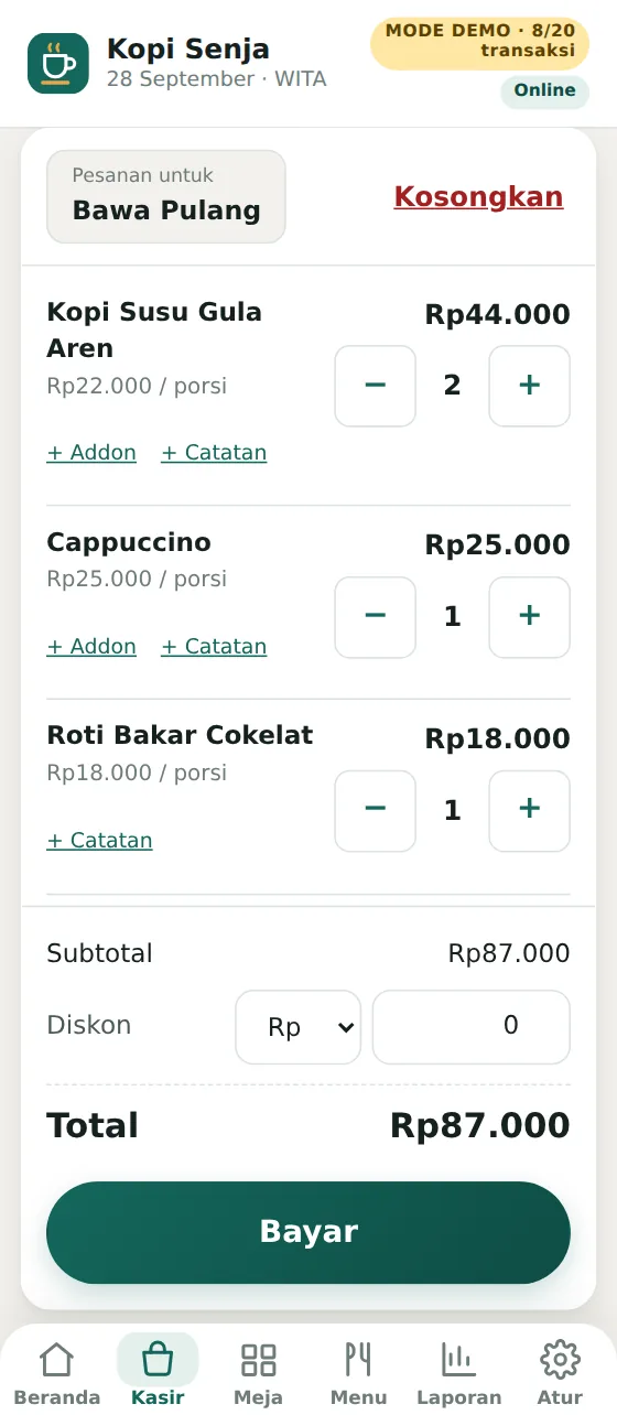 Layar Kasir: pesanan berisi tiga menu dengan addon dan catatan, total, dan tombol Bayar