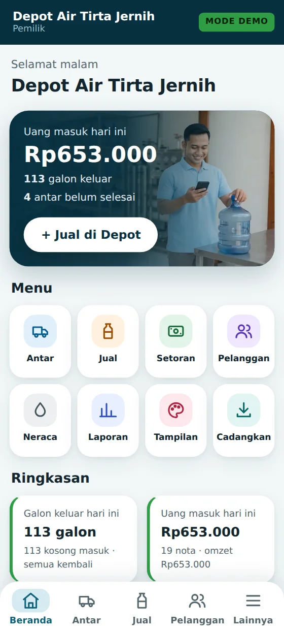 Beranda Tokiva Galon: uang masuk hari ini, galon keluar, antar belum selesai, dan menu ikon