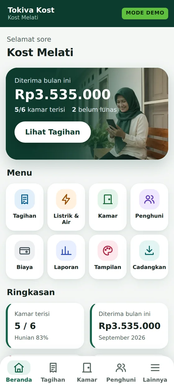 Layar Beranda Tokiva Kost: uang diterima bulan ini, kamar terisi, tagihan belum lunas, dan menu delapan ikon