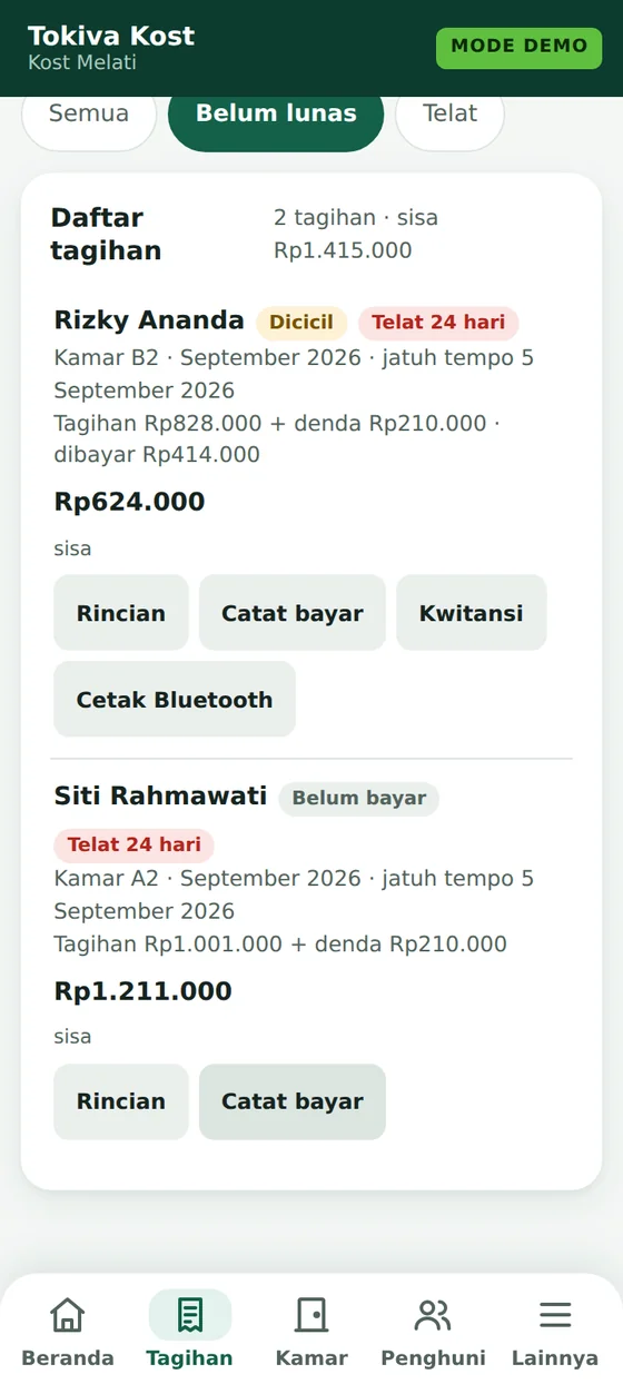Layar Tagihan Tokiva Kost: daftar belum lunas dengan cicilan, telat, dan tombol catat bayar