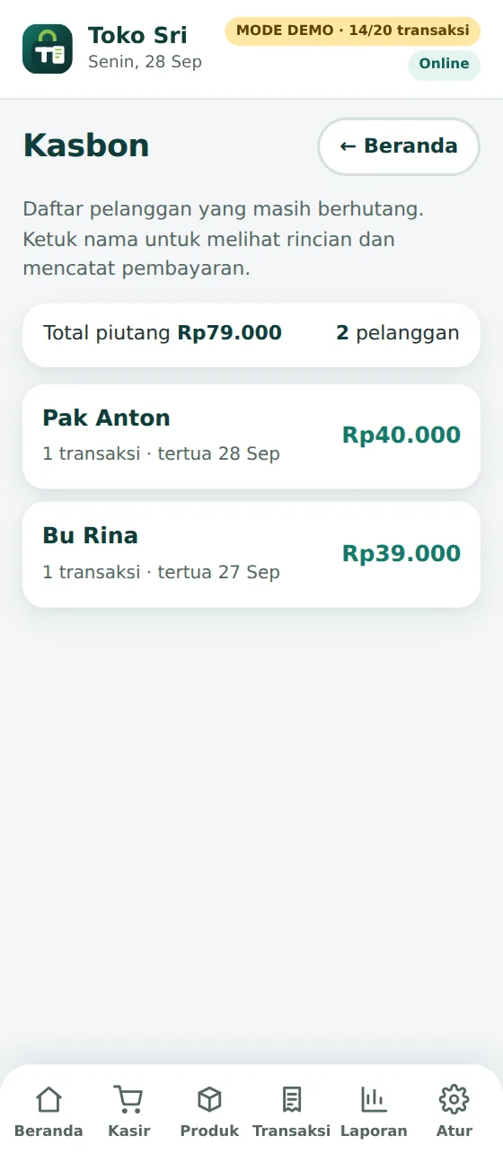 Tokiva LITE - tampilan Kasbon