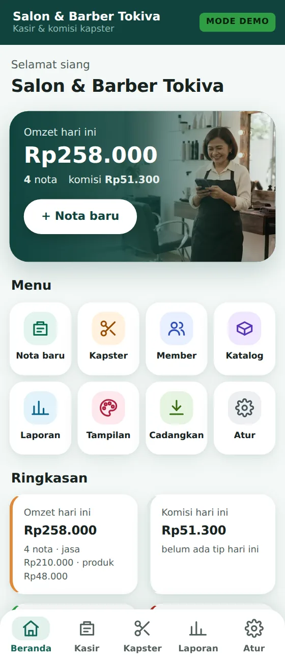Layar Beranda Tokiva Salon: omzet dan komisi hari ini, menu delapan ikon