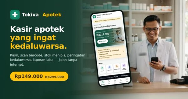 Tokiva Apotek — kasir & stok obat Rp149.000 sekali bayar, apoteker dan layar Beranda aplikasi