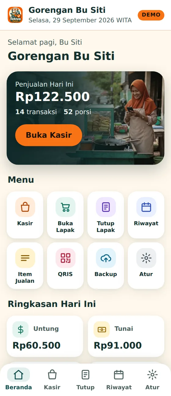Layar Beranda Tokiva Jajan: penjualan hari ini, menu delapan ikon, dan ringkasan untung