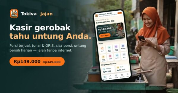 Tokiva Jajan — kasir gerobak Rp149.000 sekali bayar, penjual gorengan dan layar Beranda aplikasi