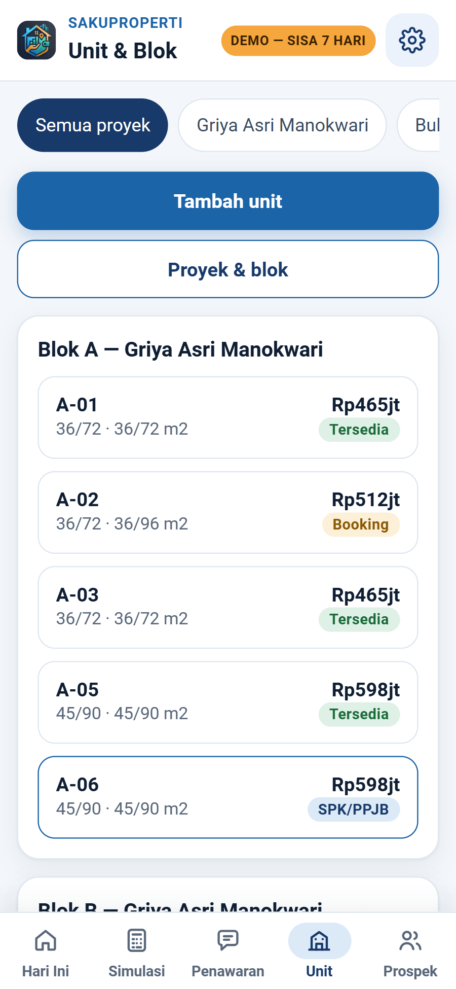 Daftar unit per blok dengan harga dan status Tersedia, Booking, SPK/PPJB