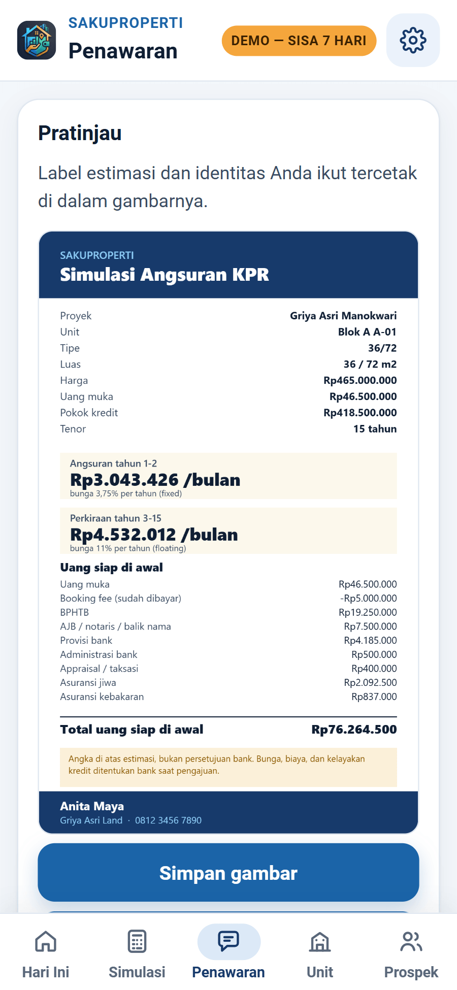 Pratinjau gambar penawaran siap kirim ke WhatsApp dengan rincian uang siap di awal